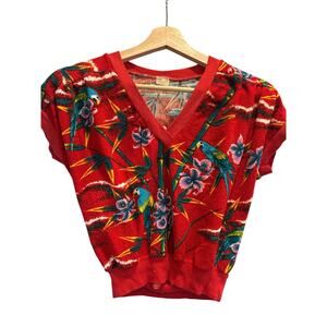 Vintage 90s Parrot Tropical Crop Top Red Bamboo Print Dolman Sleeve Shirt